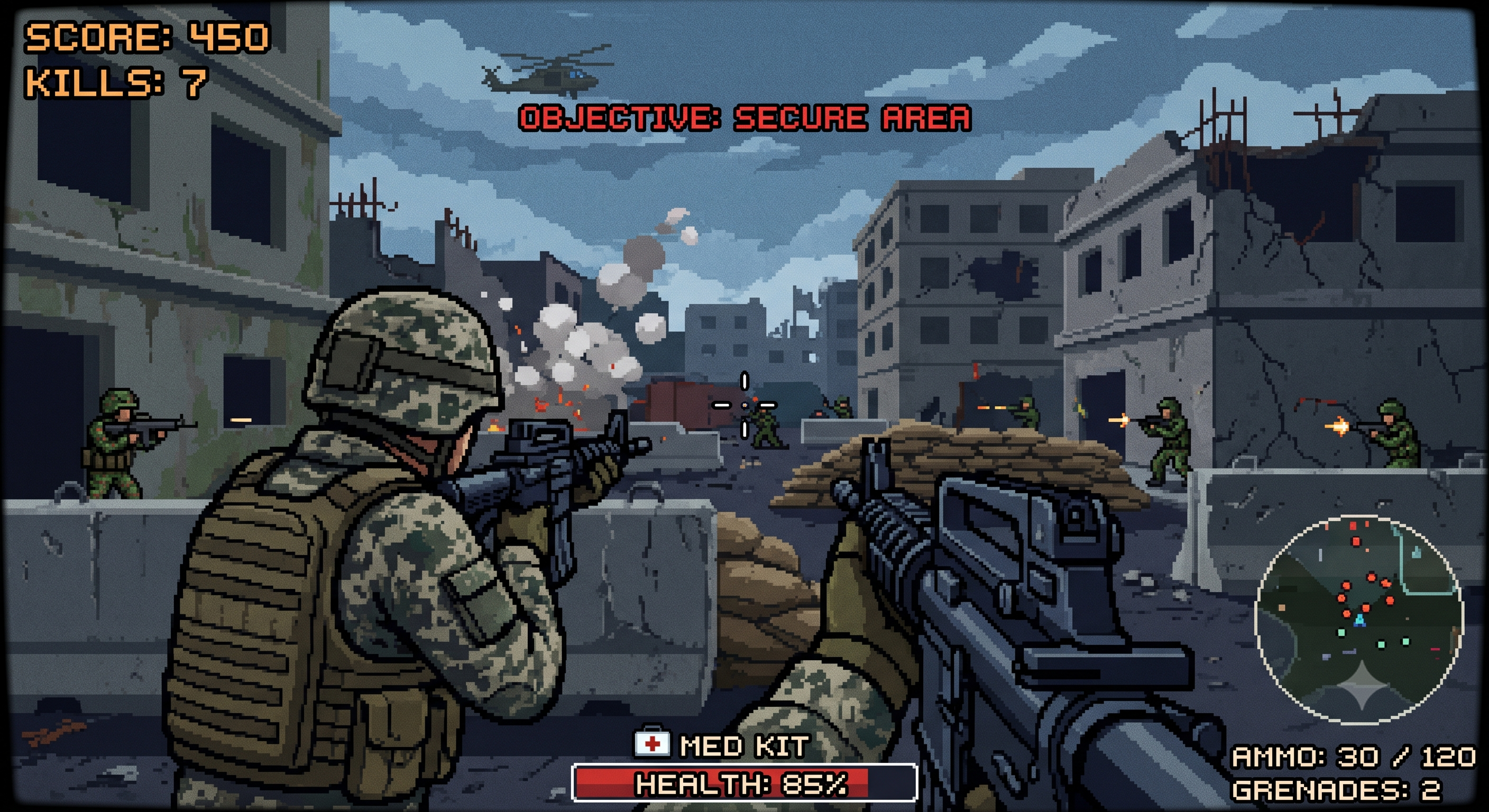 가상의 레트로 밀리터리 FPS: 화면과 설정